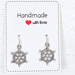 Dainty Ship's Wheel Dangle Earrings in Silver